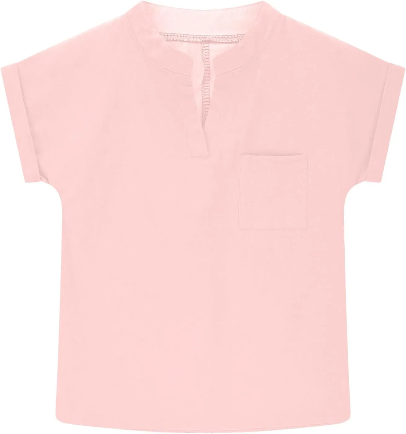 5-15T Baby Girls Linen Shirts Fashion Solid Color Short Sleeves V-Neck T-Shirts Soft Comfy Summer Blouse Tops