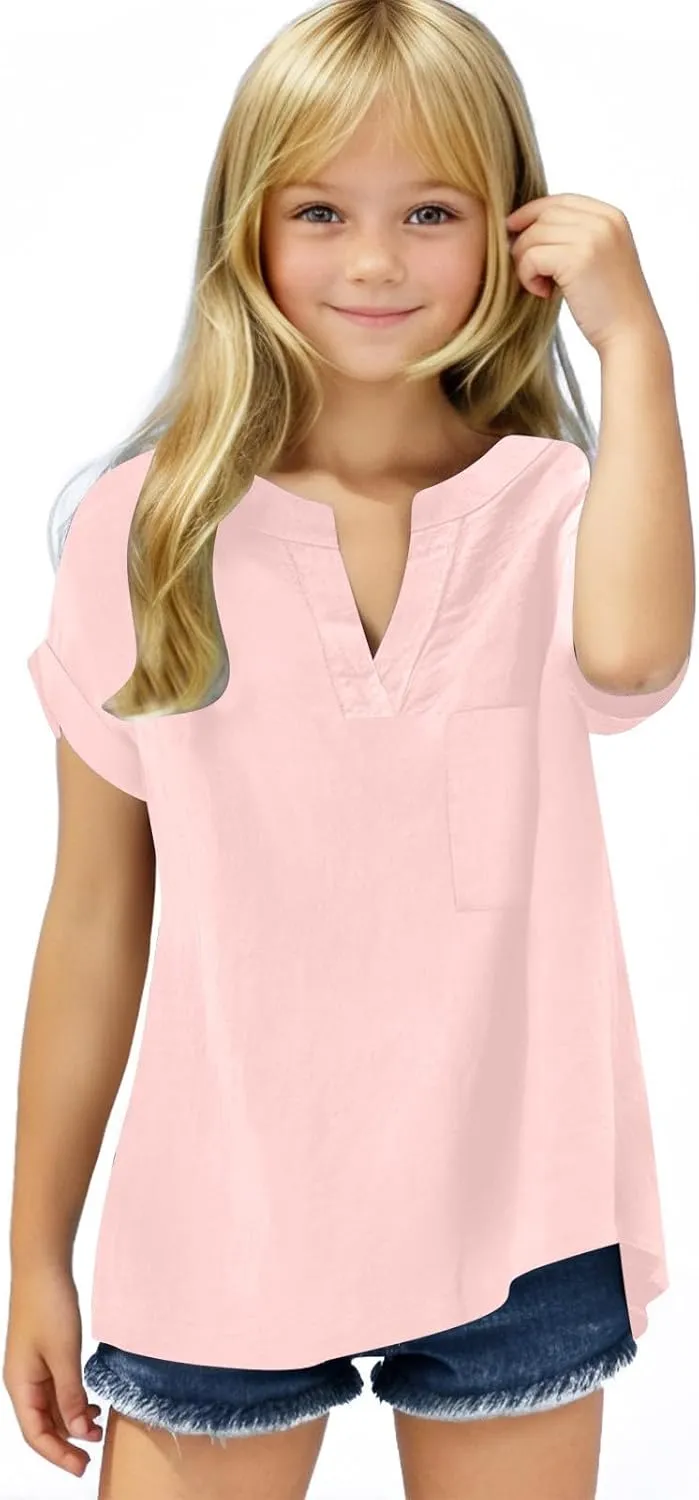 5-15T Baby Girls Linen Shirts Fashion Solid Color Short Sleeves V-Neck T-Shirts Soft Comfy Summer Blouse Tops
