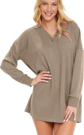 Alexander Del Rossa Women's Soft Ribbed Waffle Rib Knit Oversized Sleep Shirt, V-Neck Nightshirt Sweater Top