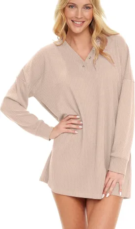 Alexander Del Rossa Women's Soft Ribbed Waffle Rib Knit Oversized Sleep Shirt, V-Neck Nightshirt Sweater Top