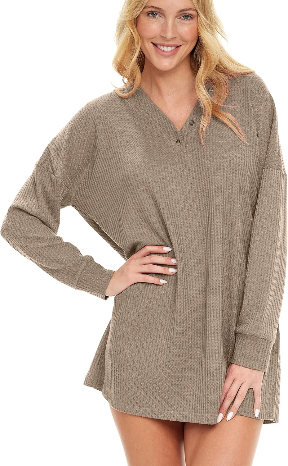 Alexander Del Rossa Women's Soft Ribbed Waffle Rib Knit Oversized Sleep Shirt, V-Neck Nightshirt Sweater Top