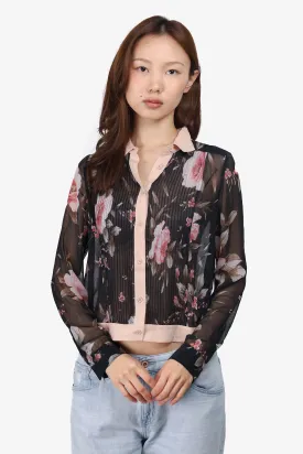 Alice & Olivia Black/Pink Silk Floral Sheer Blouse Size S