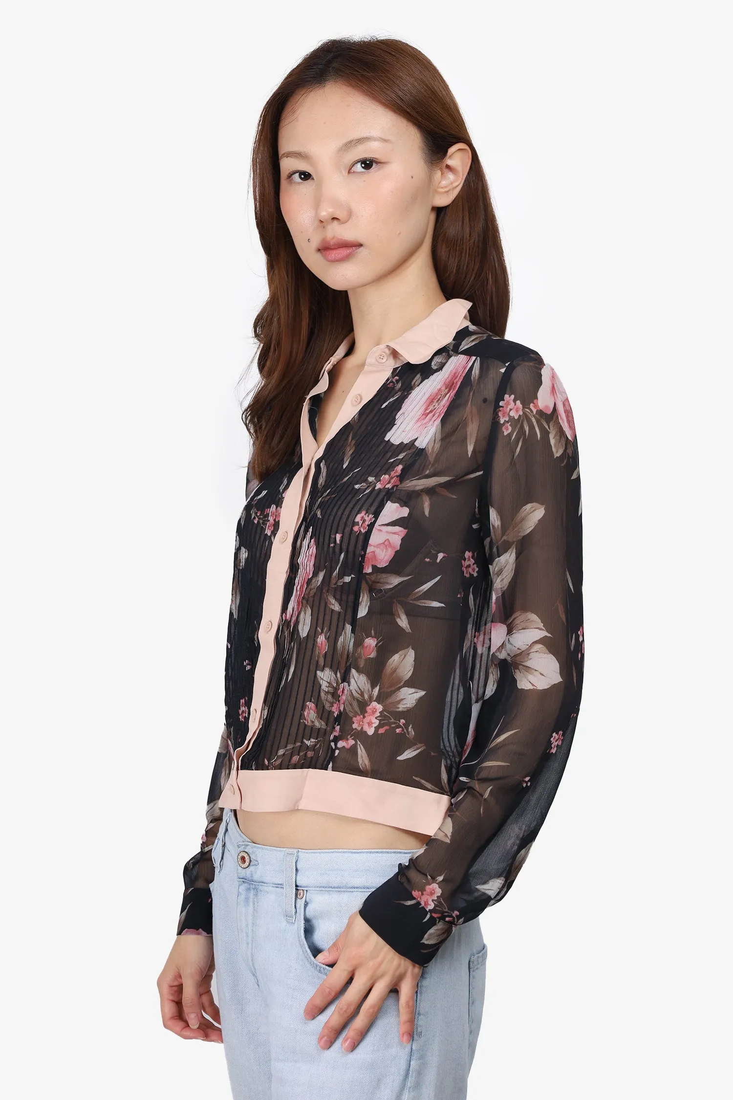 Alice & Olivia Black/Pink Silk Floral Sheer Blouse Size S