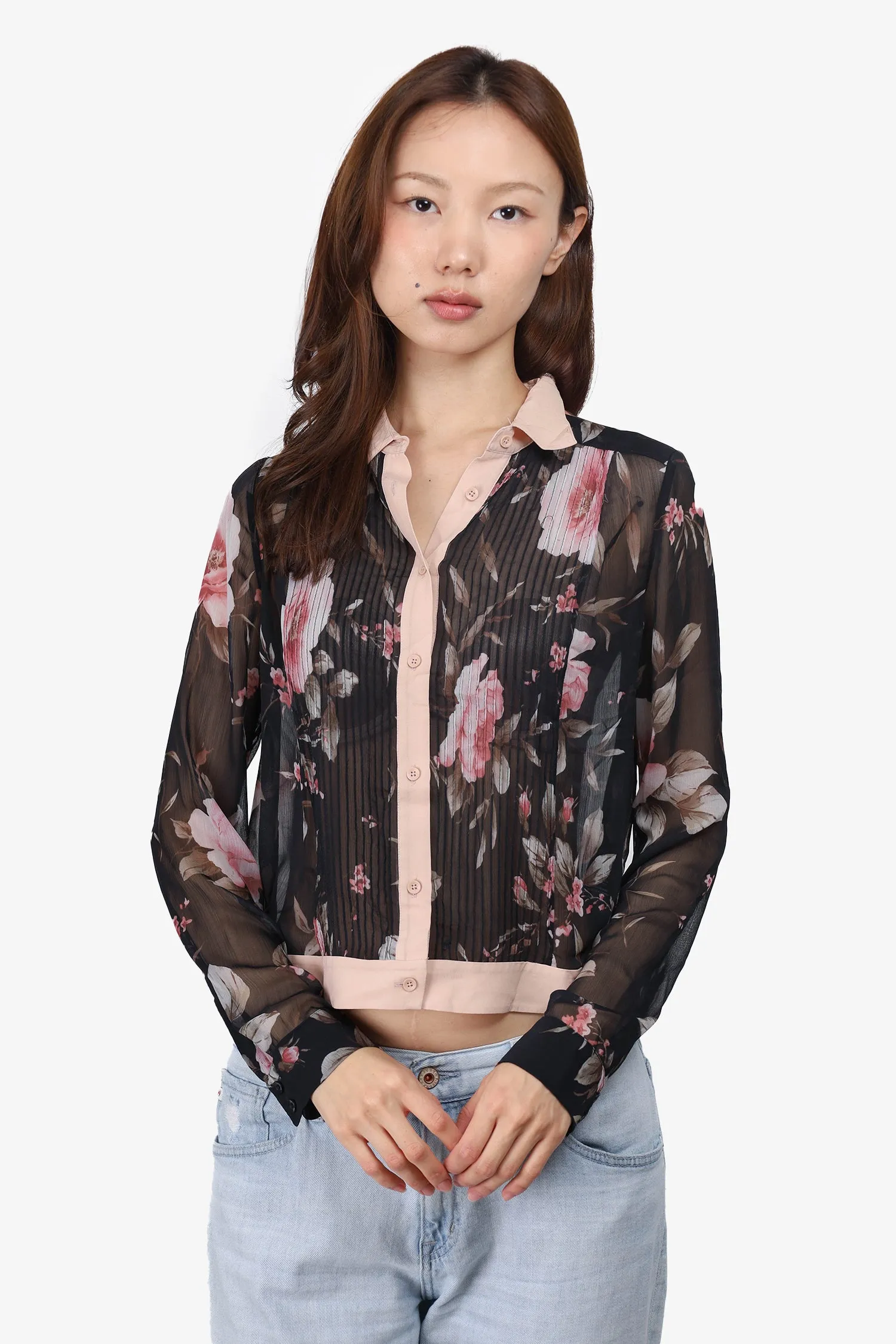 Alice & Olivia Black/Pink Silk Floral Sheer Blouse Size S