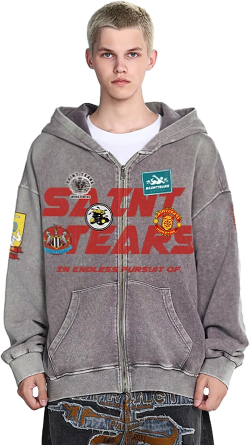 Arnodefrance Men Vintage Washed Graphic Zip Up Hoodies Printing Graffiti Hoodie Cotton Warm Pullover Coat Outerwear