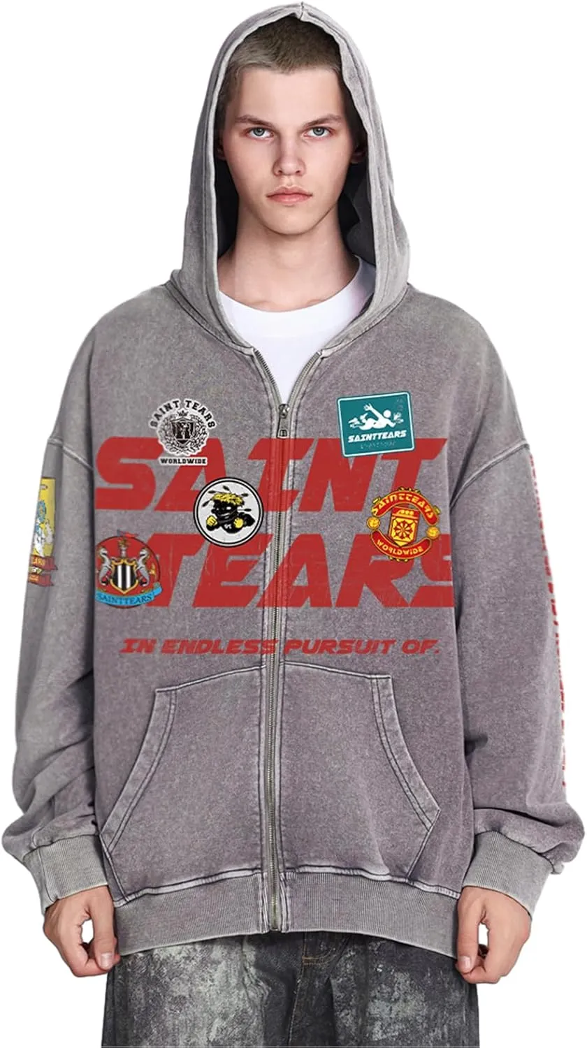 Arnodefrance Men Vintage Washed Graphic Zip Up Hoodies Printing Graffiti Hoodie Cotton Warm Pullover Coat Outerwear