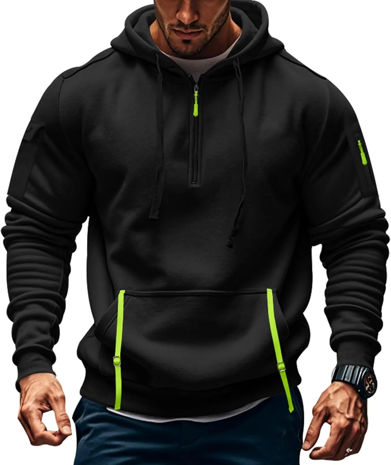 Azeralia Hoodies for Men Long Sleeve Half Zipper Pullover Printed Drawstring Oversized Sweatshirt Casual Loose Outfits