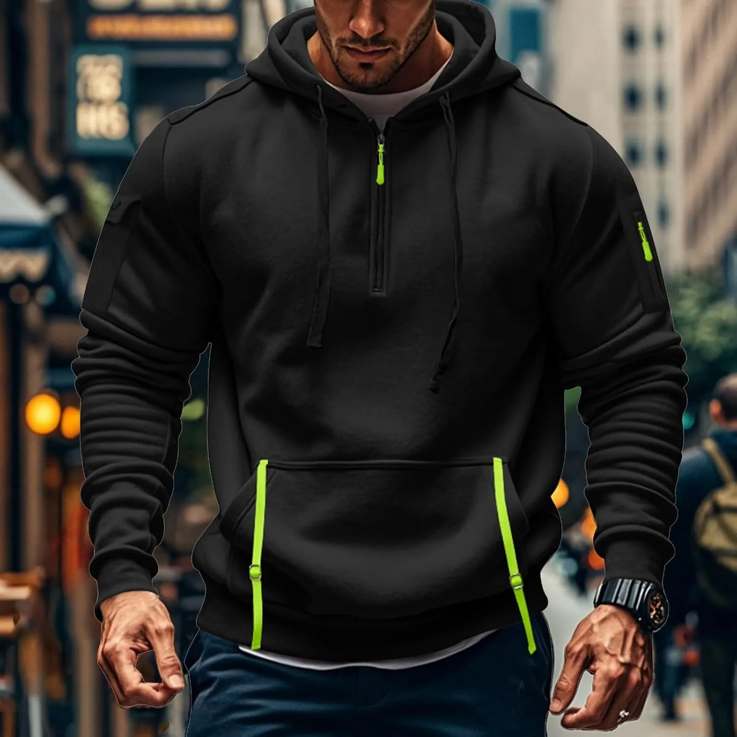 Azeralia Hoodies for Men Long Sleeve Half Zipper Pullover Printed Drawstring Oversized Sweatshirt Casual Loose Outfits
