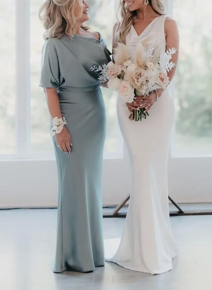 BITALY One Shoulder Satin Mother of The Bride Dress for Wedding with Sleeves Formal Dress for Women BI157
