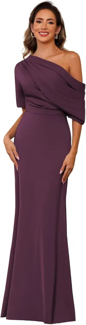 BITALY One Shoulder Satin Mother of The Bride Dress for Wedding with Sleeves Formal Dress for Women BI157