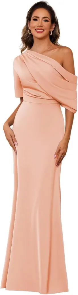 BITALY One Shoulder Satin Mother of The Bride Dress for Wedding with Sleeves Formal Dress for Women BI157