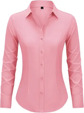 Button Down Shirts for Women Long Sleeve Dress Shirts Slim Fit Wrinkle Free Collared Blouse Work Office Blouse Tops
