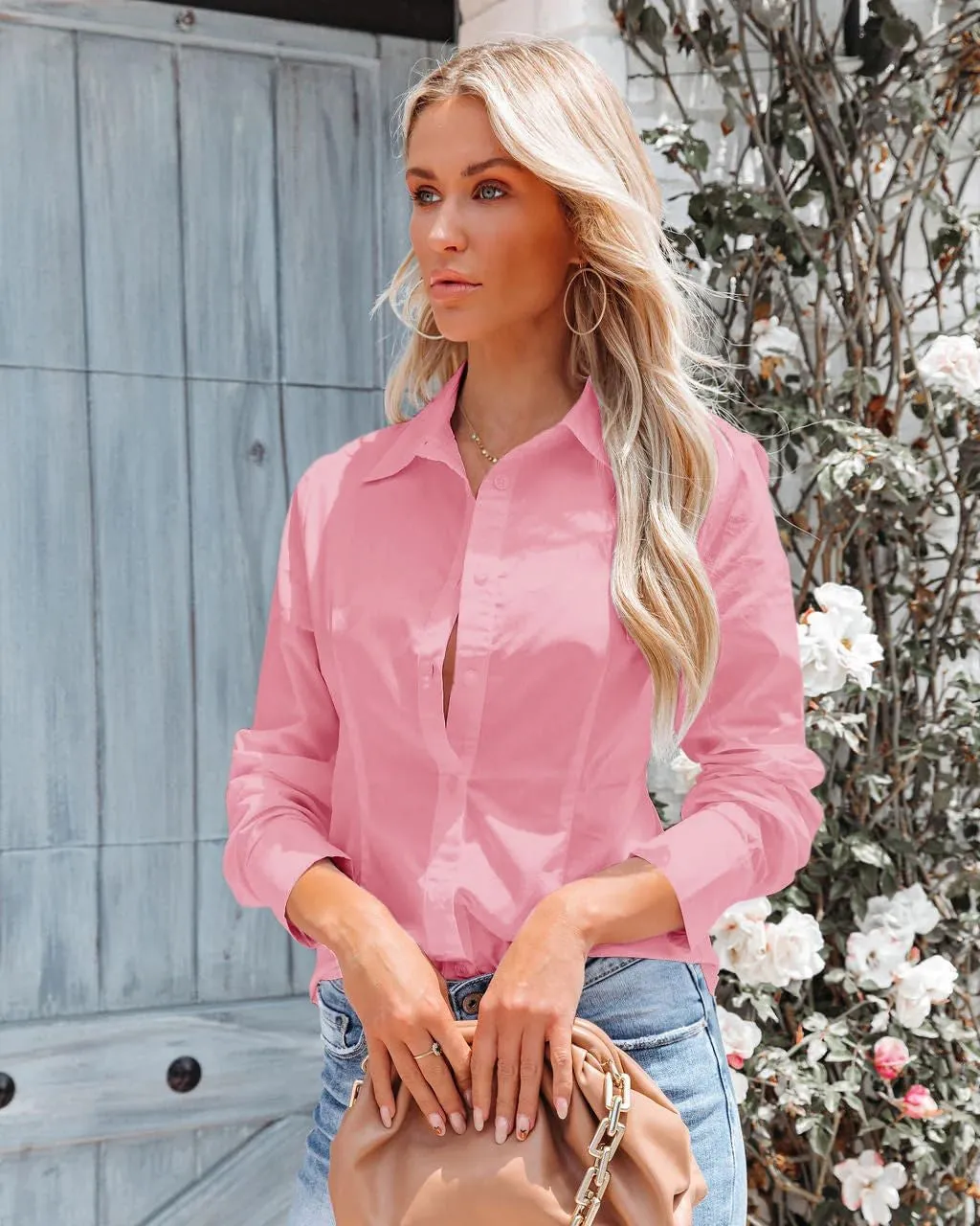 Button Down Shirts for Women Long Sleeve Dress Shirts Slim Fit Wrinkle Free Collared Blouse Work Office Blouse Tops
