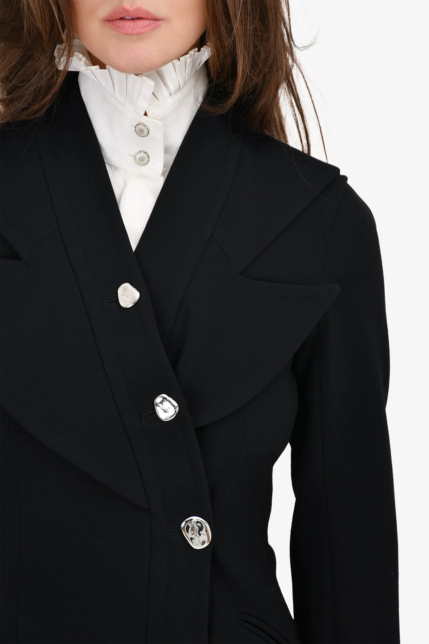 Celine Black Wool Silver Button Peak Lapel Blazer Size 36
