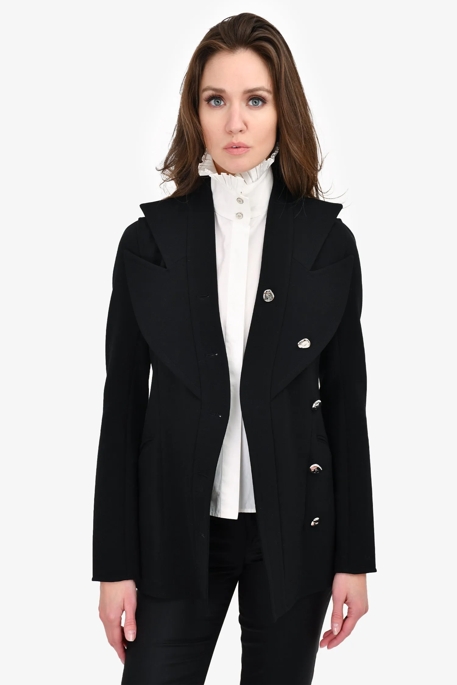 Celine Black Wool Silver Button Peak Lapel Blazer Size 36