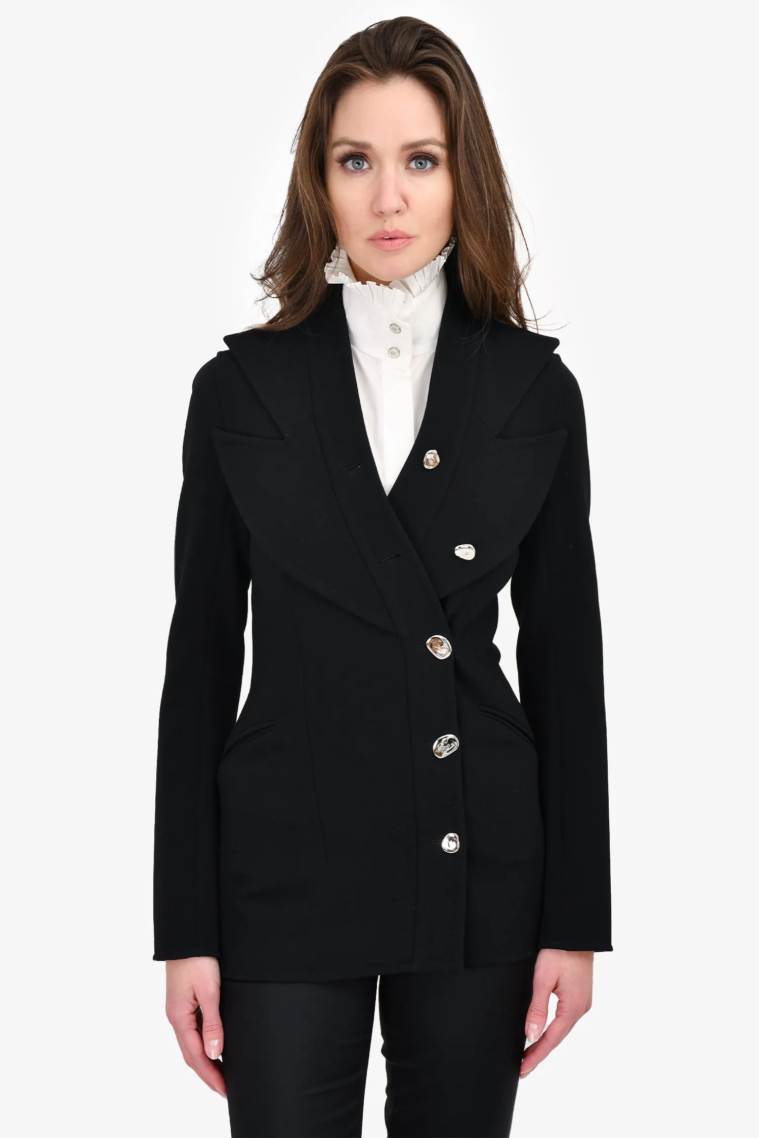 Celine Black Wool Silver Button Peak Lapel Blazer Size 36