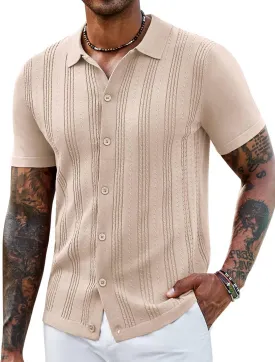 COOFANDY Men's Knit Shirts Short Sleeve Casual Button Down Polo Shirt Summer Beach Vacation Shirts