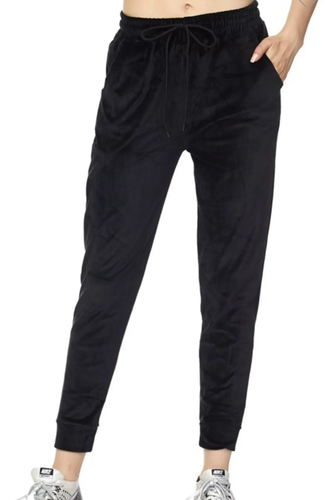 CURVY RELAXED FIT TIE WAIST VELVET JOGGERS