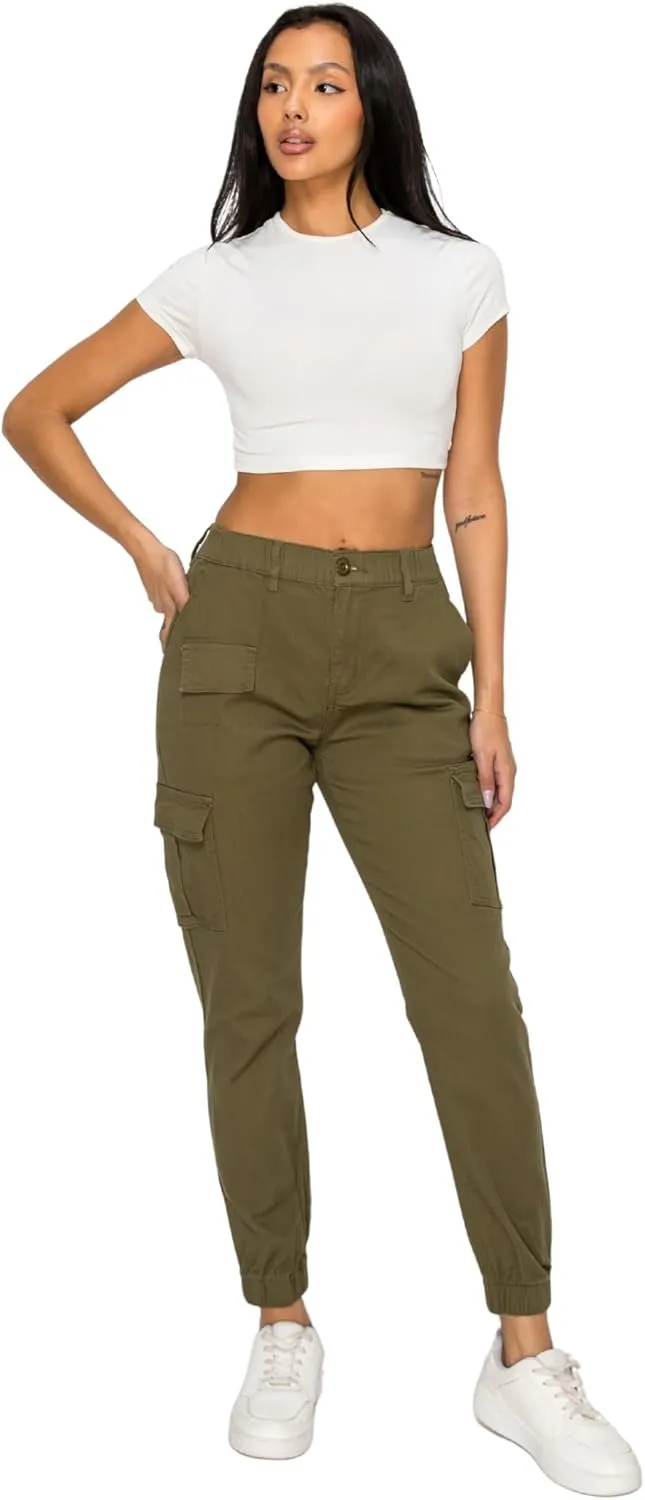 Double Denim January 5th Women's High Waist Cargo Jogger Pants Elastic Waistband Casual Tapered Sweatpants with 6 Pockets