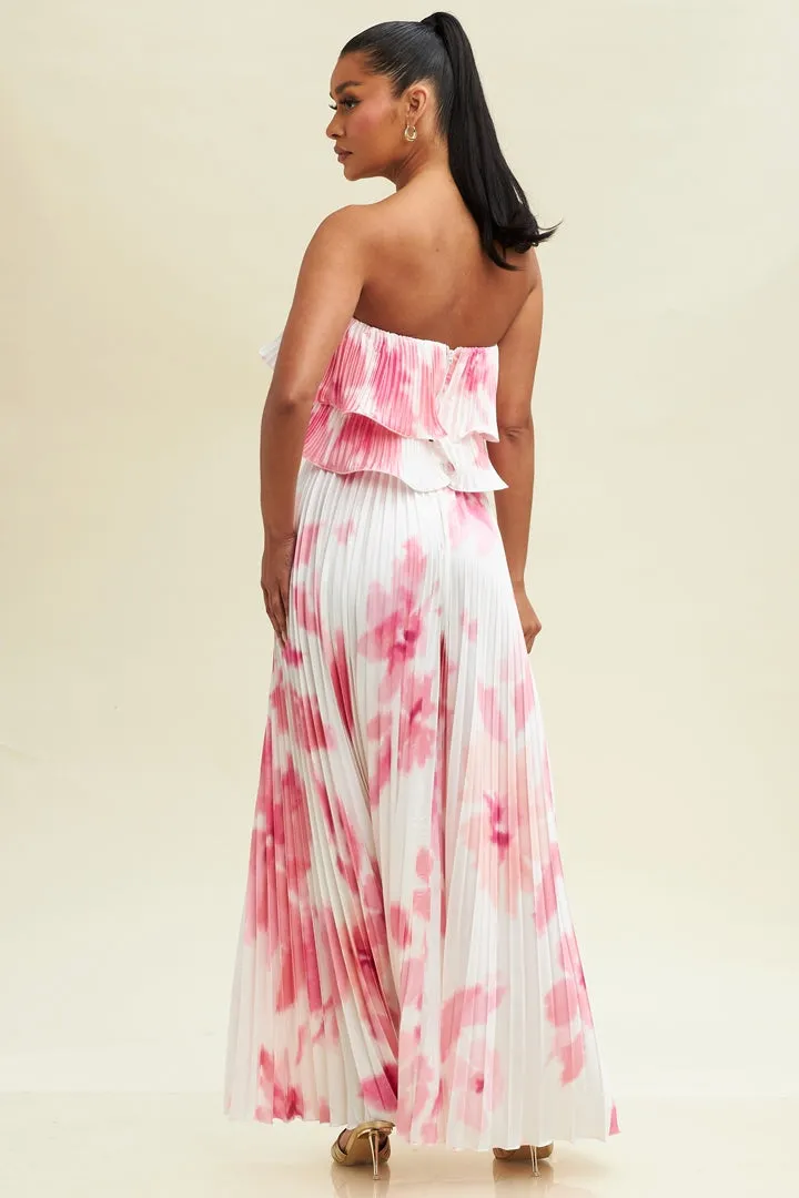Elegant White Pink Watercolor Pleated Satin High Waisted Ruffle Maxi Skirt