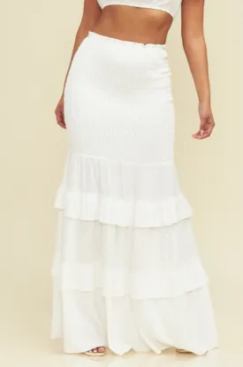 Fashion Summer White High Waisted Elastic Ruffle Maxi Skirt