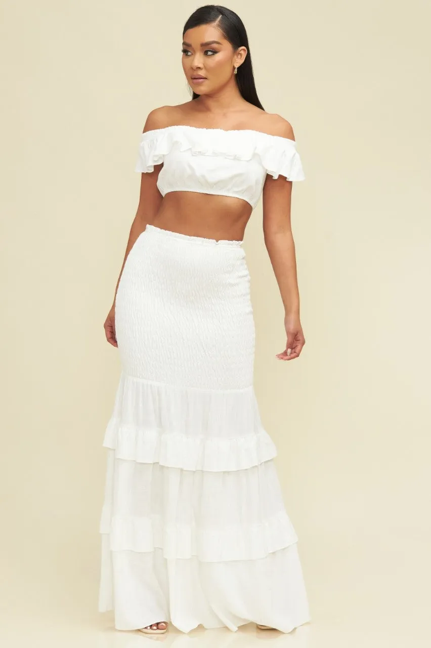 Fashion Summer White High Waisted Elastic Ruffle Maxi Skirt