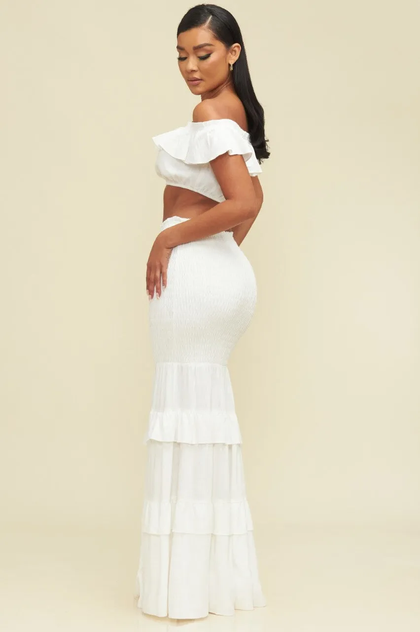 Fashion Summer White High Waisted Elastic Ruffle Maxi Skirt