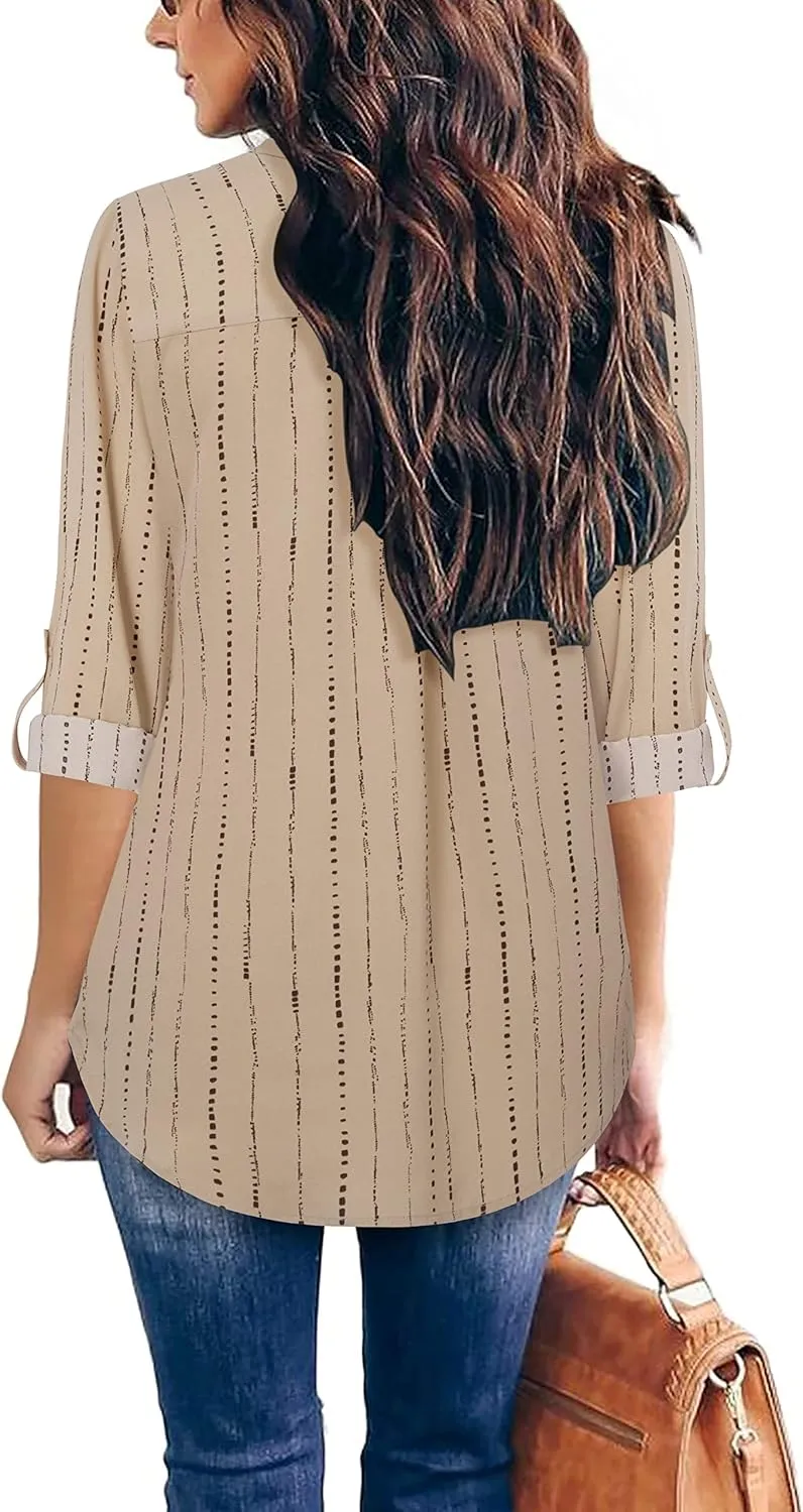 Furnex Women's V Neck Chiffon Blouse Half Zip up Tunic Shirts 3/4 Roll Sleeve Tops Work Casual