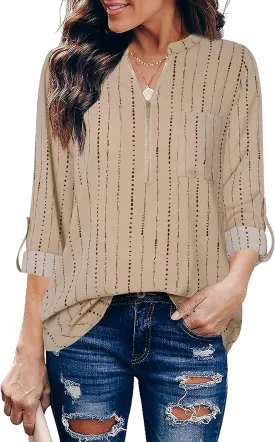 Furnex Women's V Neck Chiffon Blouse Half Zip up Tunic Shirts 3/4 Roll Sleeve Tops Work Casual