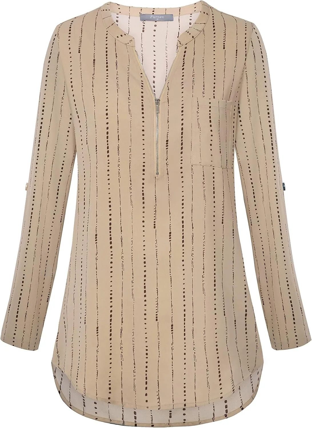 Furnex Women's V Neck Chiffon Blouse Half Zip up Tunic Shirts 3/4 Roll Sleeve Tops Work Casual