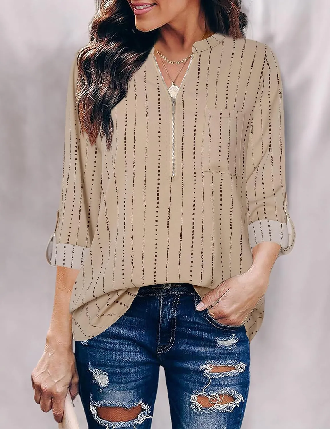 Furnex Women's V Neck Chiffon Blouse Half Zip up Tunic Shirts 3/4 Roll Sleeve Tops Work Casual