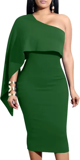 GOBLES Women's Summer Sexy One Shoulder Ruffle Bodycon Midi Cocktail Dress