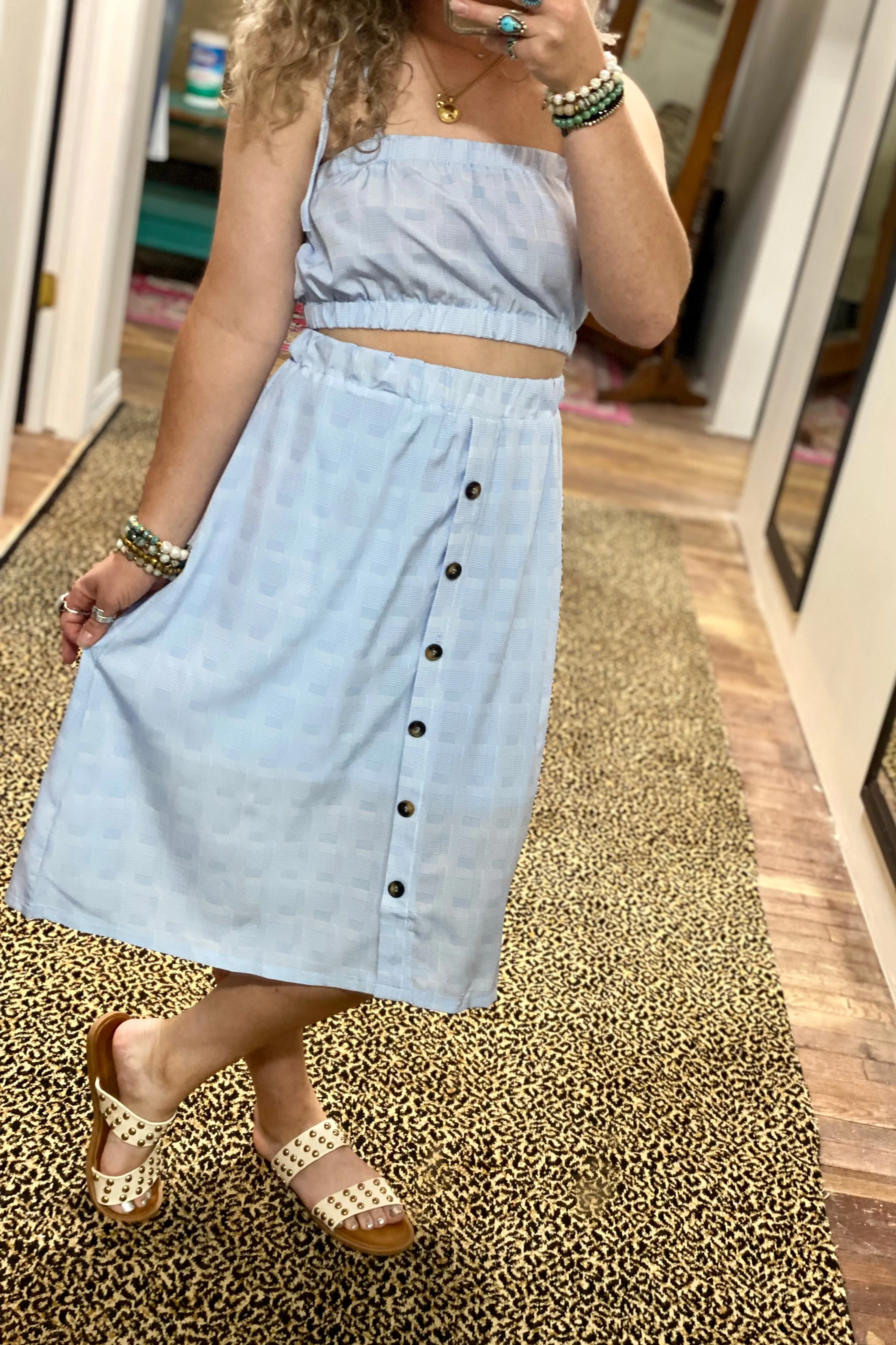 HI WAISTED SUBTLE PLAID BUTTON DOWN MIDI SKIRT