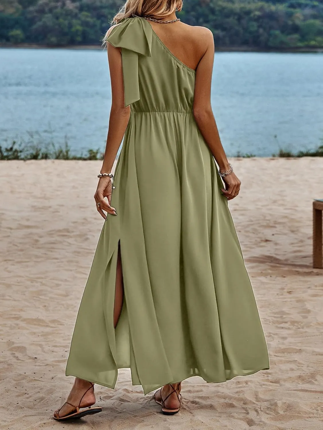 IFFEI Summer Dresses for Women 2025 Boho One Shoulder Maxi Dress Casual Sleeveless Flowy Split Beach Long Dress