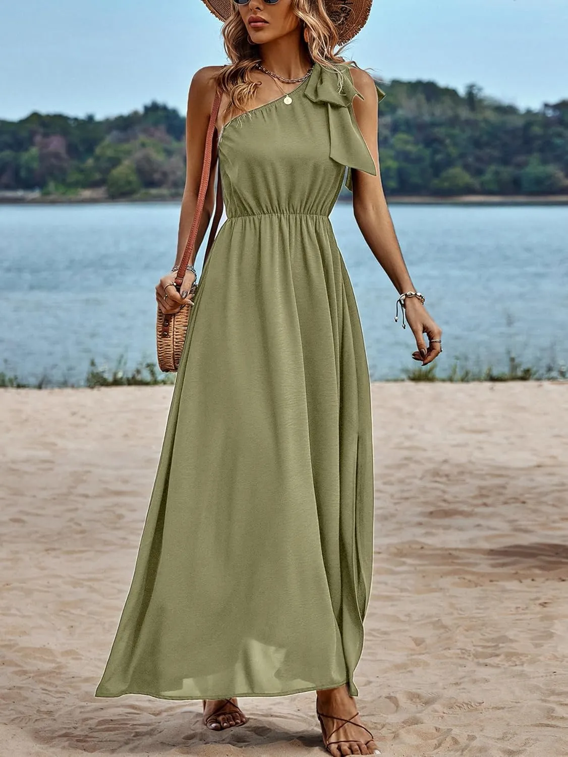 IFFEI Summer Dresses for Women 2025 Boho One Shoulder Maxi Dress Casual Sleeveless Flowy Split Beach Long Dress