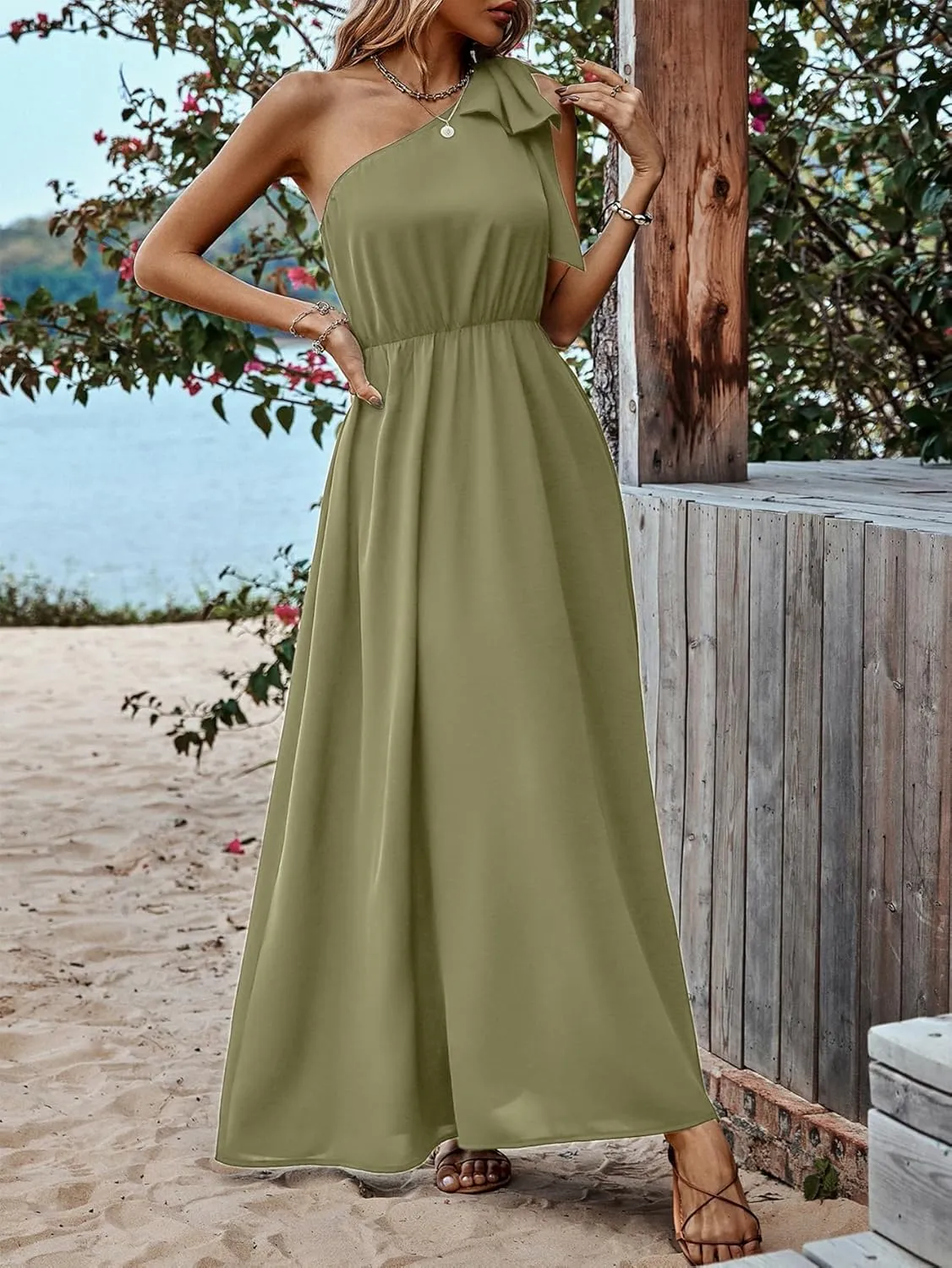 IFFEI Summer Dresses for Women 2025 Boho One Shoulder Maxi Dress Casual Sleeveless Flowy Split Beach Long Dress