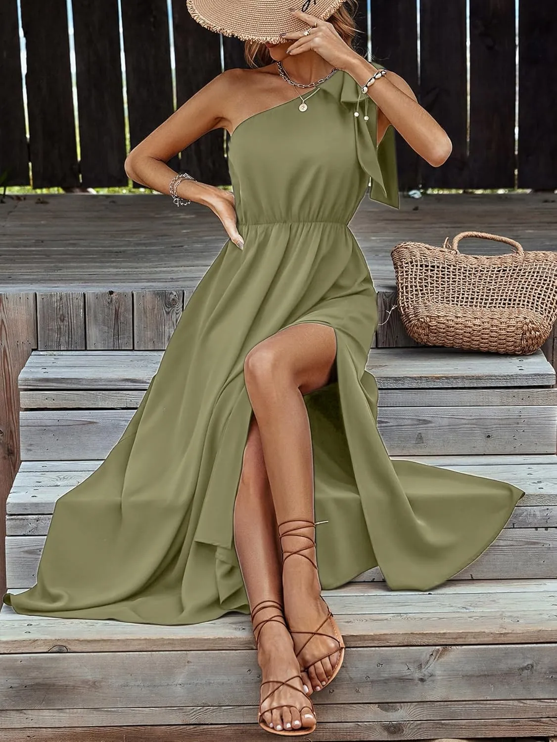 IFFEI Summer Dresses for Women 2025 Boho One Shoulder Maxi Dress Casual Sleeveless Flowy Split Beach Long Dress