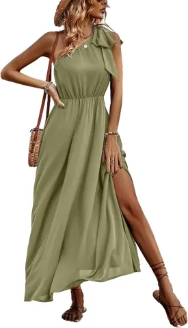IFFEI Summer Dresses for Women 2025 Boho One Shoulder Maxi Dress Casual Sleeveless Flowy Split Beach Long Dress