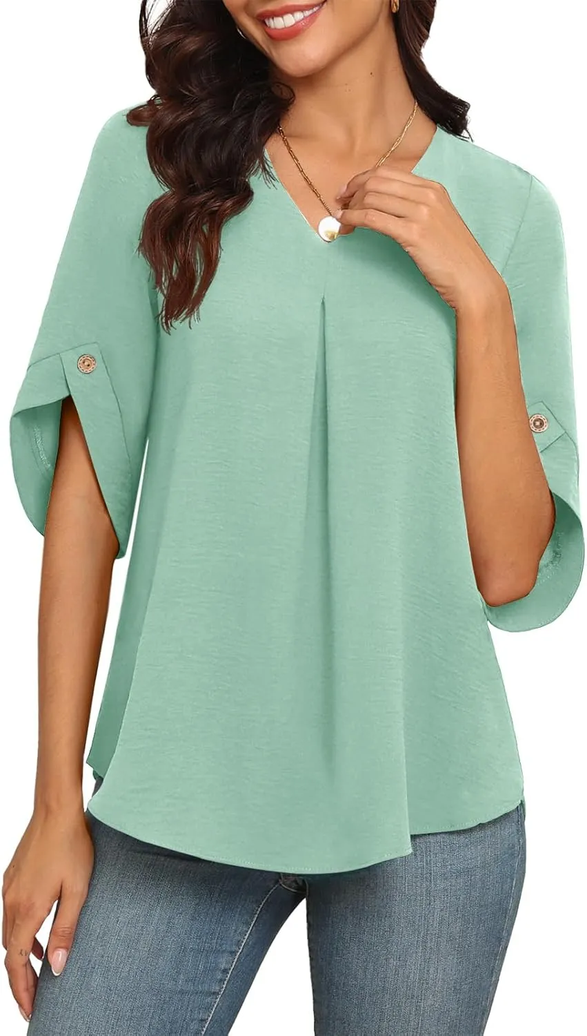 LAOLASI Womens Summer Chiffon Blouses Bell Short Sleeve V Neck Casual Dressy Work Tops for Leggings 2025 Loose Flowy Tshirts