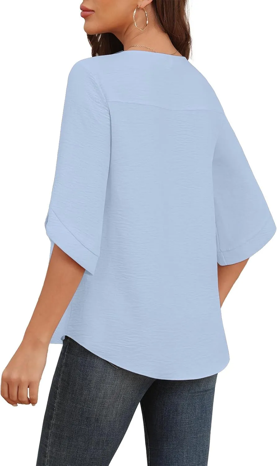 LAOLASI Womens Summer Chiffon Blouses Bell Short Sleeve V Neck Casual Dressy Work Tops for Leggings 2025 Loose Flowy Tshirts
