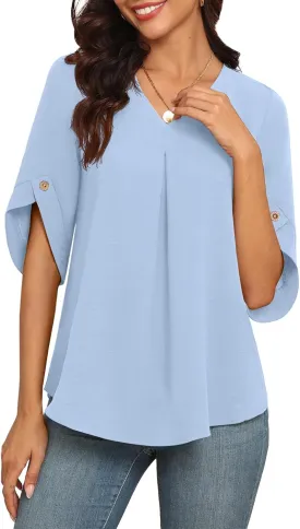 LAOLASI Womens Summer Chiffon Blouses Bell Short Sleeve V Neck Casual Dressy Work Tops for Leggings 2025 Loose Flowy Tshirts
