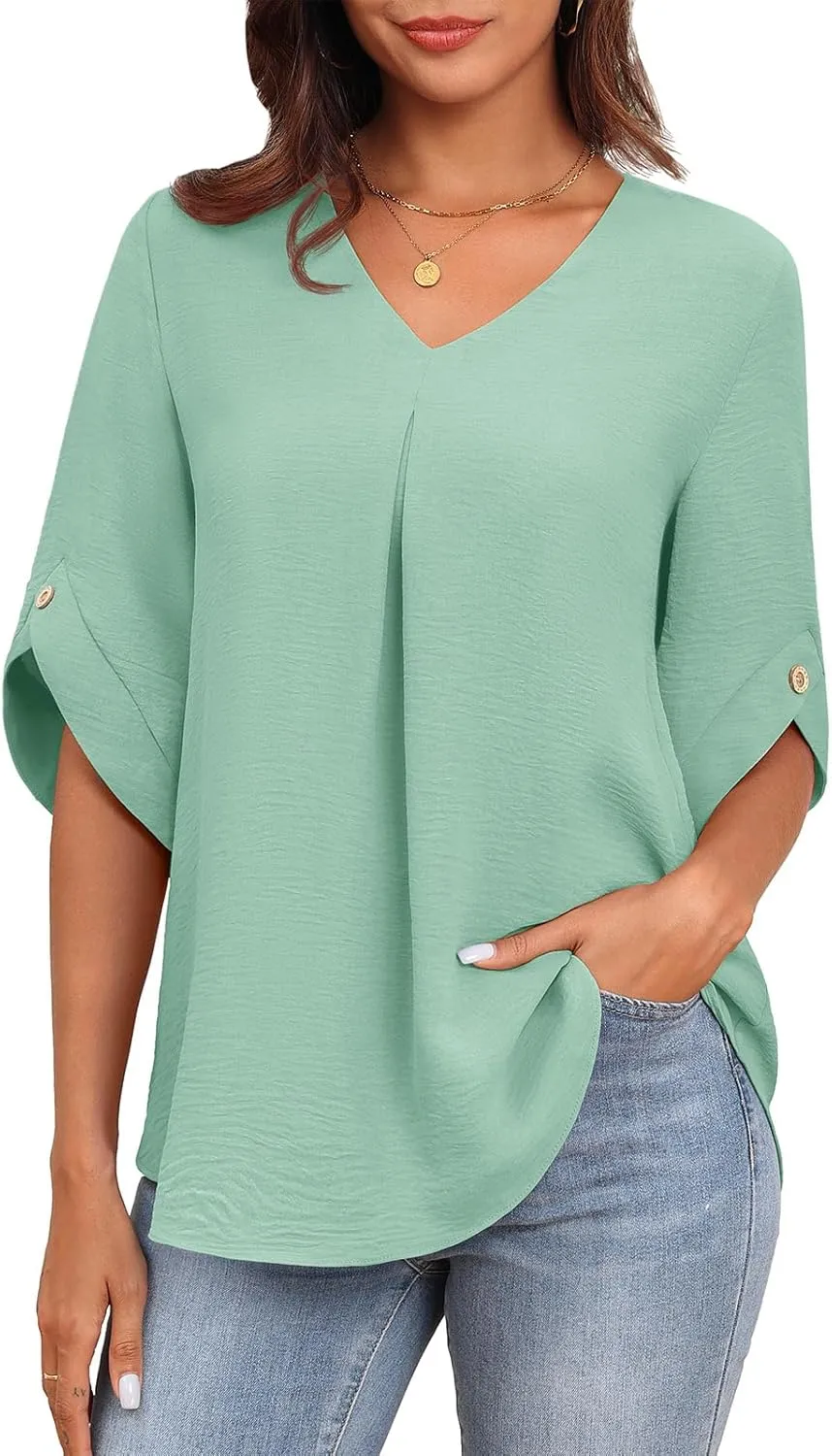 LAOLASI Womens Summer Chiffon Blouses Bell Short Sleeve V Neck Casual Dressy Work Tops for Leggings 2025 Loose Flowy Tshirts