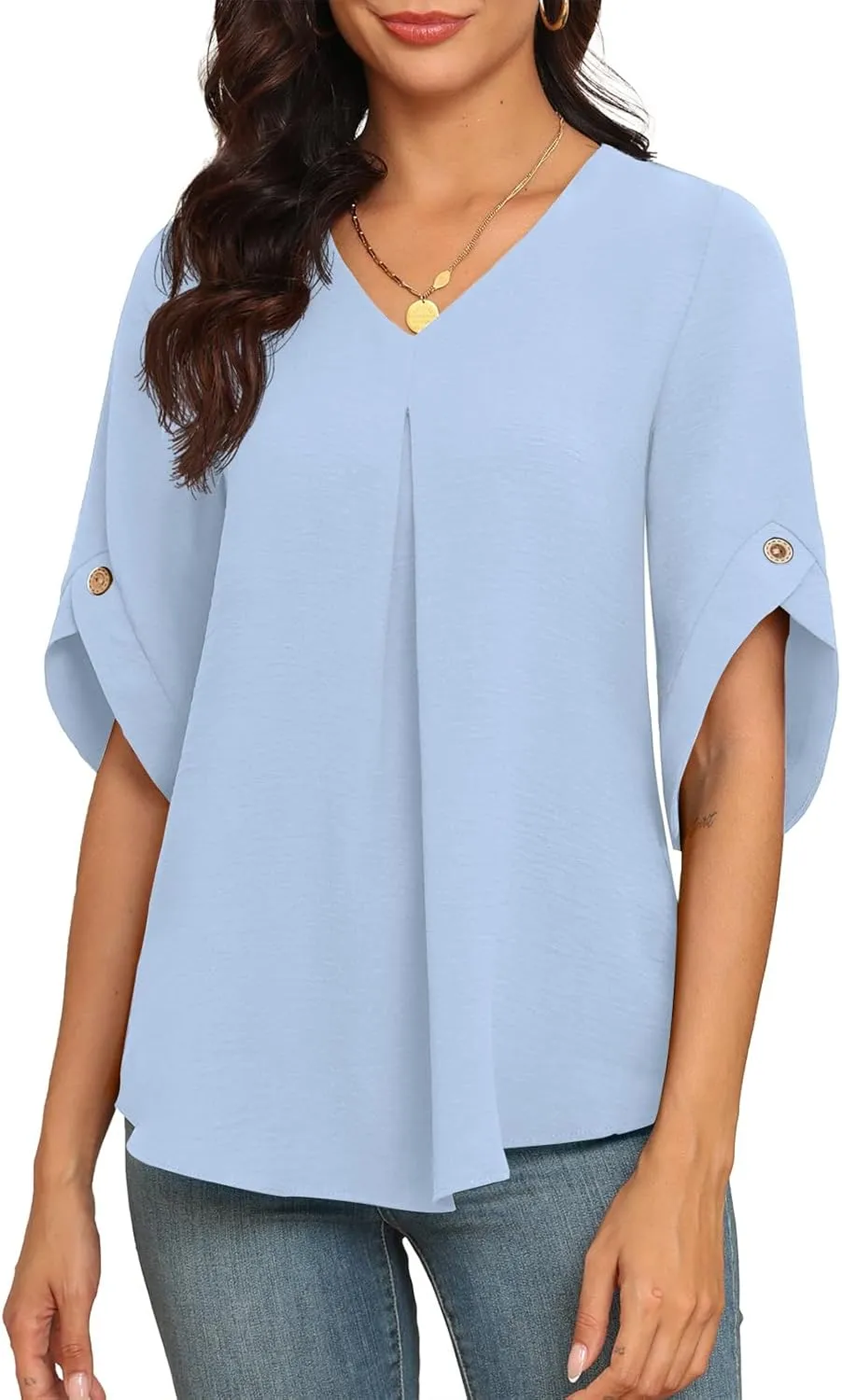 LAOLASI Womens Summer Chiffon Blouses Bell Short Sleeve V Neck Casual Dressy Work Tops for Leggings 2025 Loose Flowy Tshirts