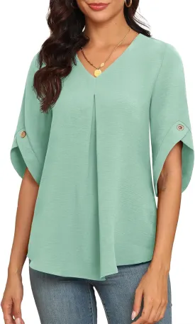 LAOLASI Womens Summer Chiffon Blouses Bell Short Sleeve V Neck Casual Dressy Work Tops for Leggings 2025 Loose Flowy Tshirts