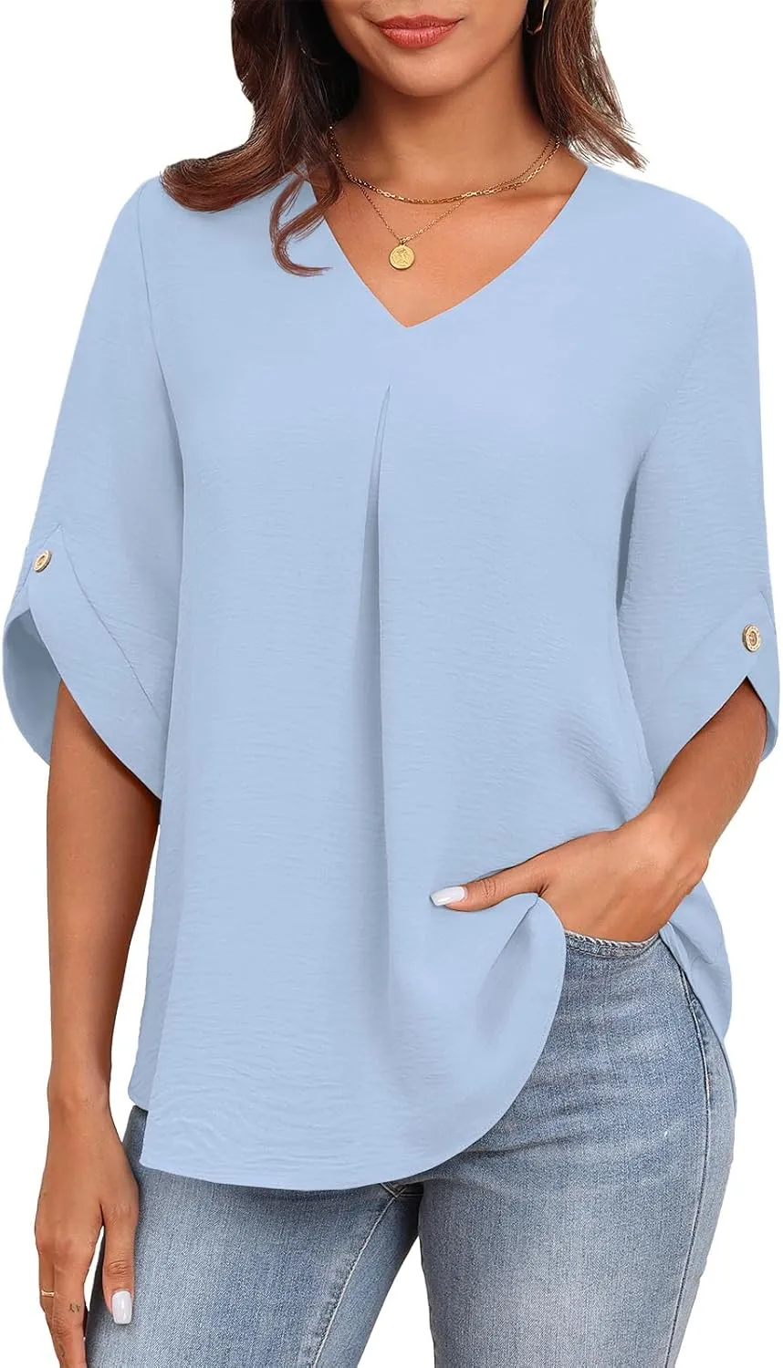LAOLASI Womens Summer Chiffon Blouses Bell Short Sleeve V Neck Casual Dressy Work Tops for Leggings 2025 Loose Flowy Tshirts