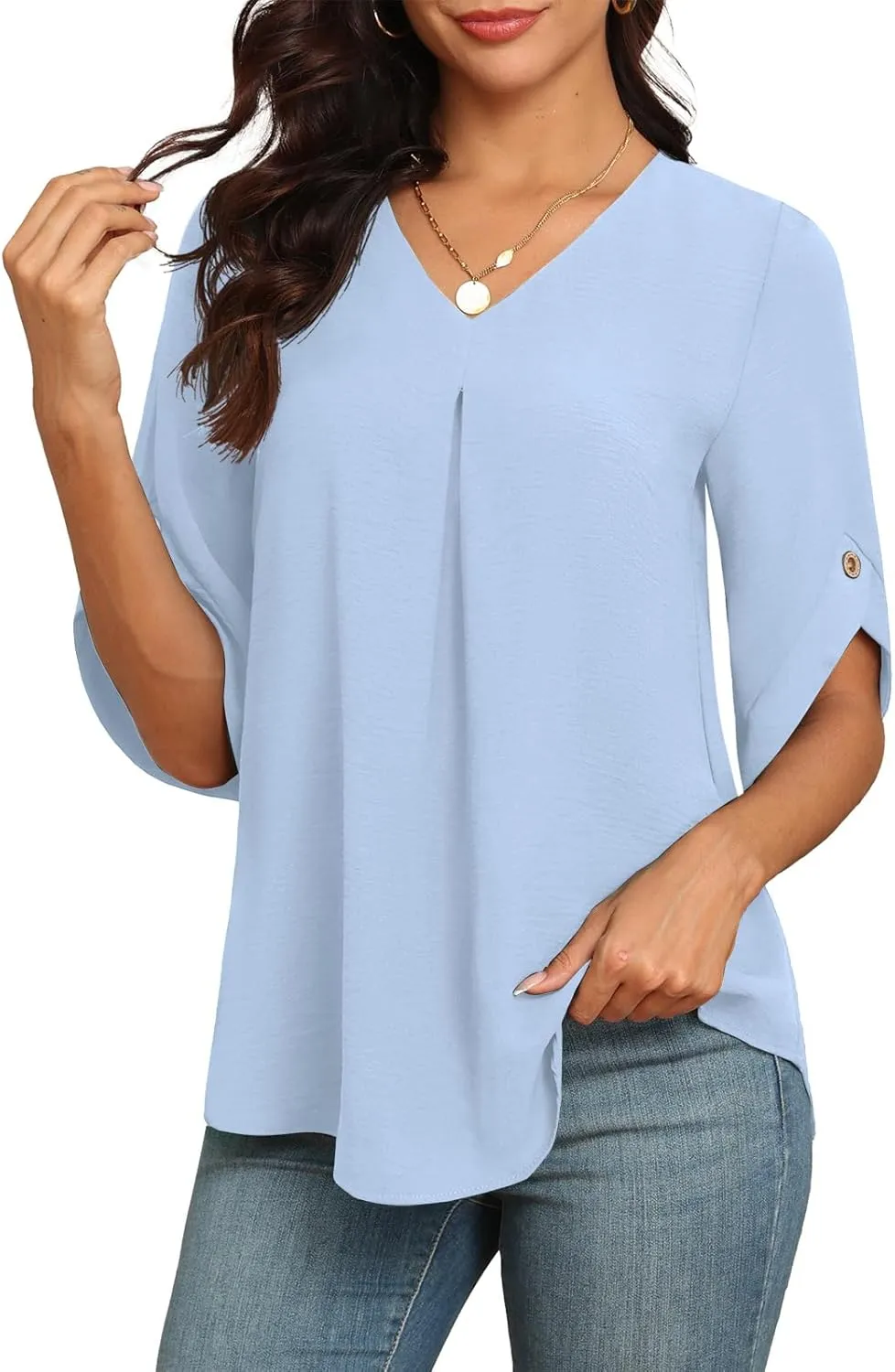 LAOLASI Womens Summer Chiffon Blouses Bell Short Sleeve V Neck Casual Dressy Work Tops for Leggings 2025 Loose Flowy Tshirts