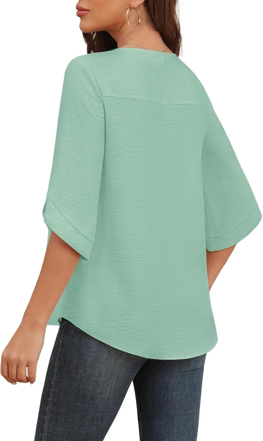 LAOLASI Womens Summer Chiffon Blouses Bell Short Sleeve V Neck Casual Dressy Work Tops for Leggings 2025 Loose Flowy Tshirts