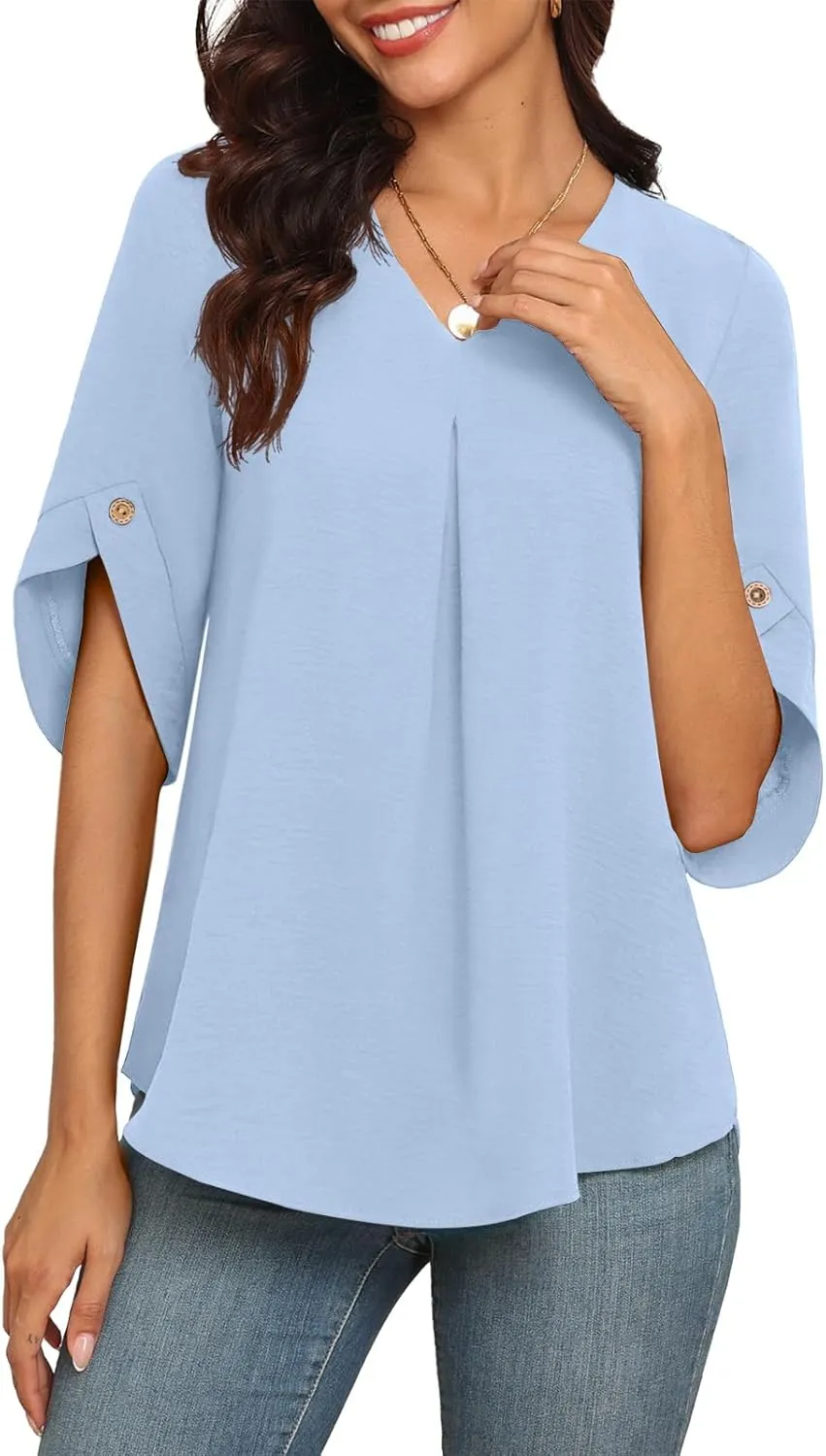 LAOLASI Womens Summer Chiffon Blouses Bell Short Sleeve V Neck Casual Dressy Work Tops for Leggings 2025 Loose Flowy Tshirts