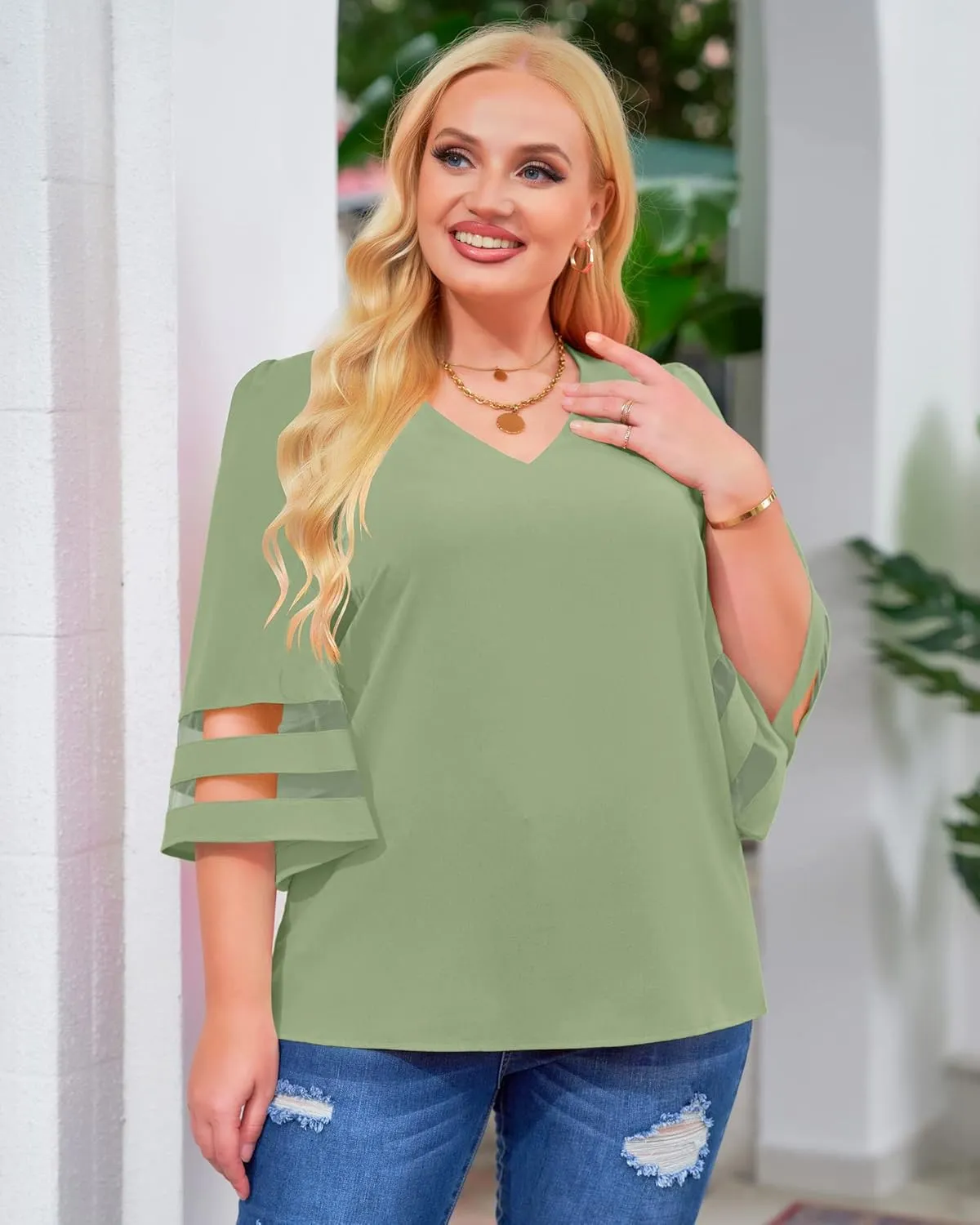 LookbookStore Women's V Neck Mesh Panel Blouse 3/4 Bell Sleeve Loose Top Shirt
