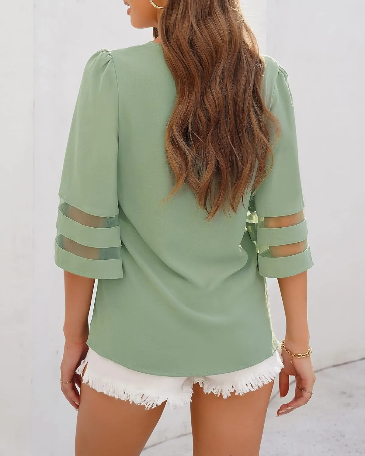 LookbookStore Women's V Neck Mesh Panel Blouse 3/4 Bell Sleeve Loose Top Shirt